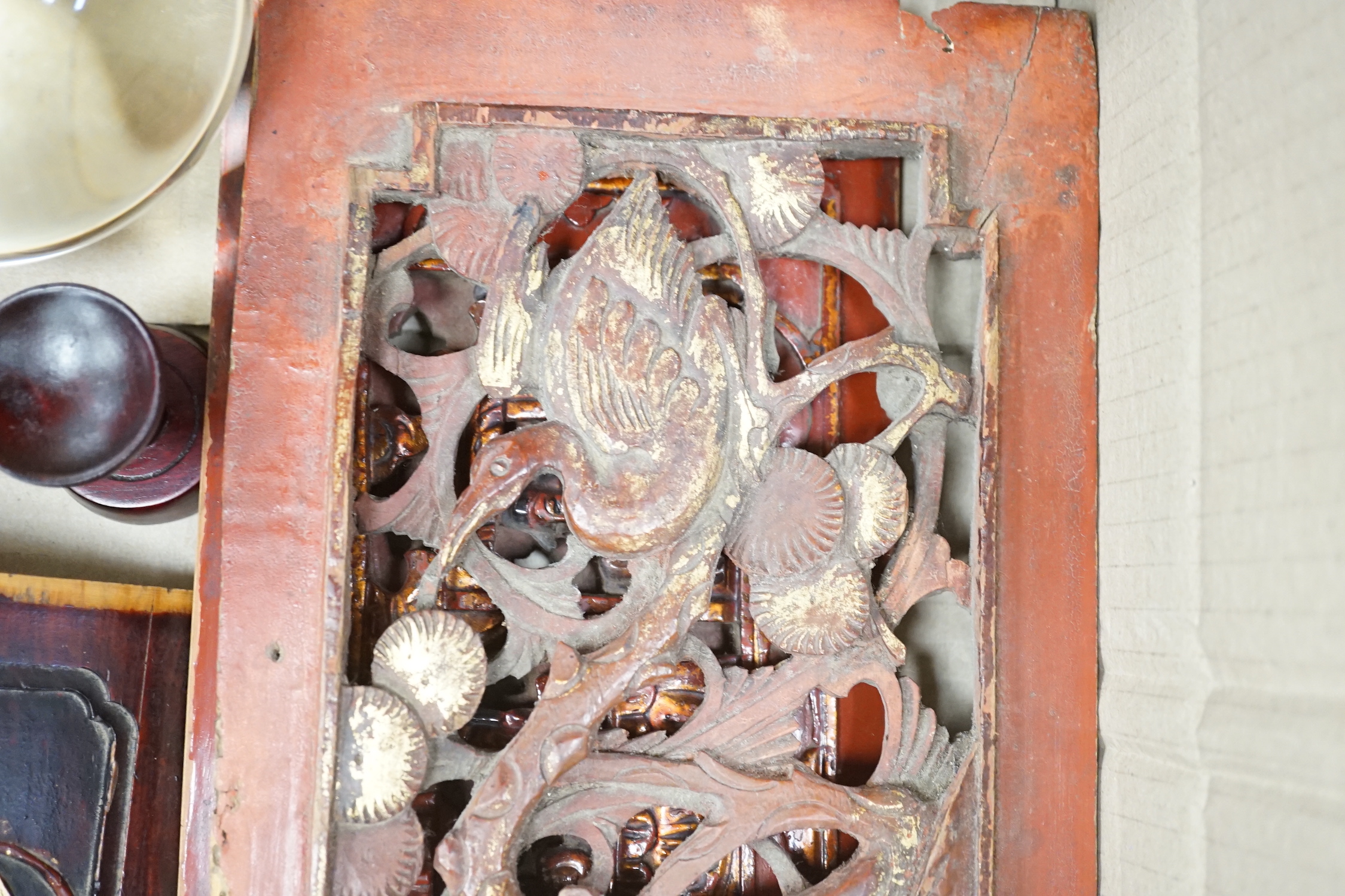Miscellaneous items comprising a clock, a Moroccan dagger, two Chinese carvings and a crystal ball on stand